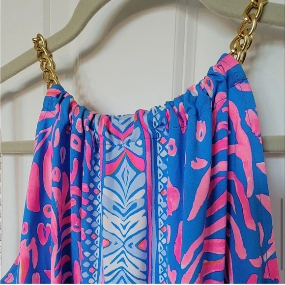 Lilly Pulitzer Vibrant Blue and Pink Tank Top Gold Chain - Picture 3 of 9